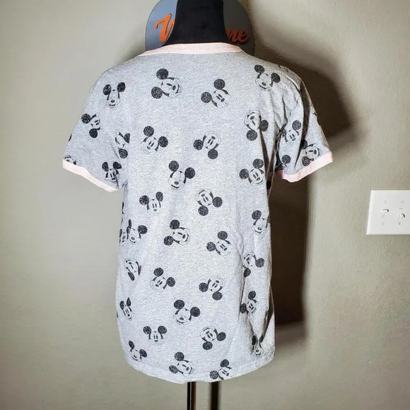Disney Mickey Mouse Allover Ringer T-Shirt for Women Size Large NWOT Gray Pink - Picture 15 of 15